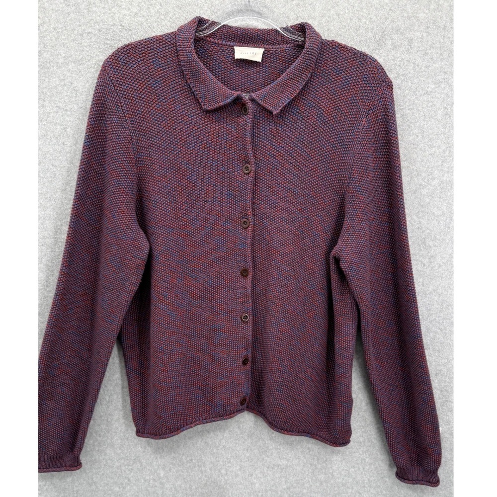 Poetry Cardigan Women Size 12 Red Blue Organic Cotton Knit Button Up Collared